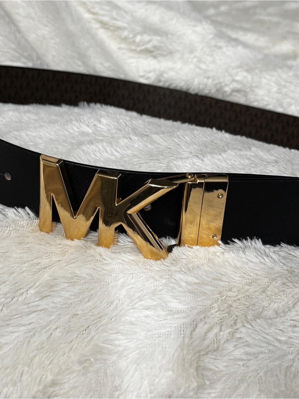 Unisex Michael Kors Monogram Belt with a rotating Gold MK Logo Buckle - Picture 7 of 7